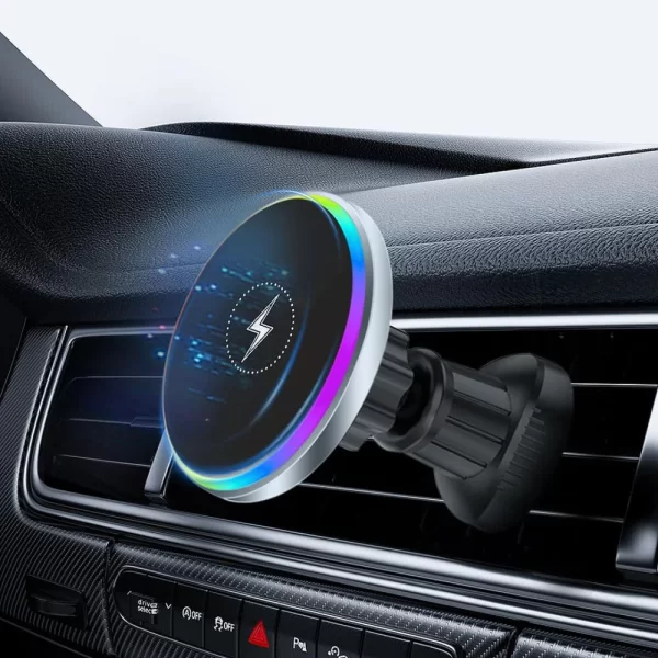 MagSafe Wireless Car Charger with Sound-Reactive Ambient Lighting – 2-in-1 Magnetic Phone Mount & Fast Charging Holder for Hands-Free Driving