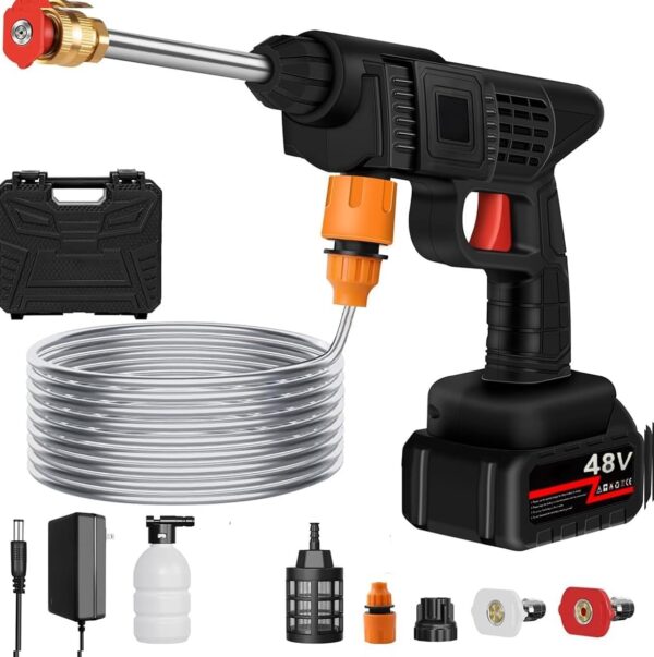 48V Cordless High-Pressure Washer – Rechargeable Portable Power Cleaner with 3-in-1 Adjustable Nozzle & 5M Hose for Car Wash, Garden & Home Cleaning