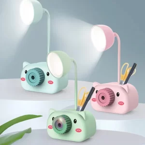 4-in-1 Cute Camera-Shaped Animal Desk Lamp for Kids – Night Light, Pen Stand, Sharpener & Mobile Holder for Study Table