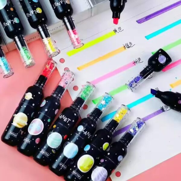 Space-Themed Mini Bottle Highlighter Pens – Set of 6 Cute & Colorful Aesthetic Markers for School, Office & Stationery Lovers