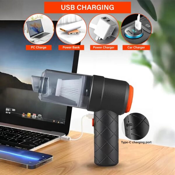 2-in-1 Portable Mini Vacuum Cleaner & Air Blower – Wireless Rechargeable Device with Strong Suction, Filter, USB Charging & 3 Nozzles for Car, Home, Office & Travel (1 Pc, Black) - Image 2